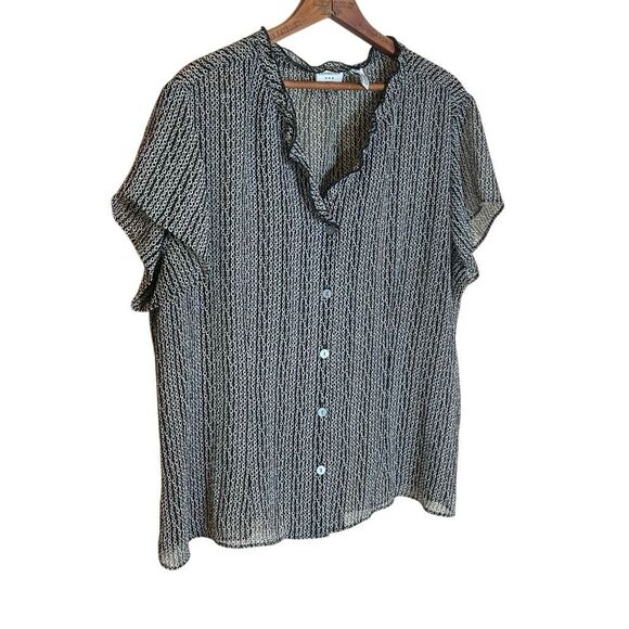 Covington Geometric Button Front Ruffle Neck Short Sleeve Blouse Black White 20W - Picture 3 of 8